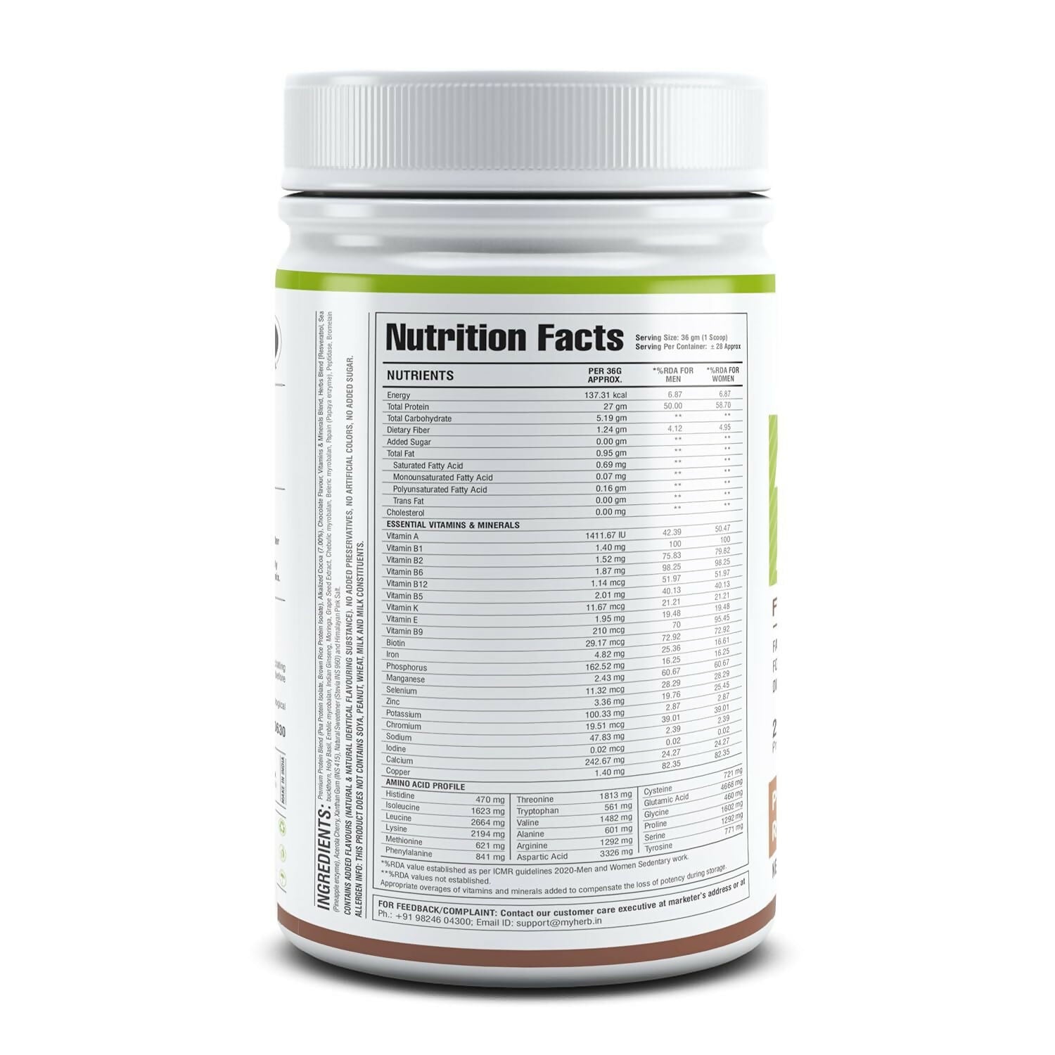 Myherb Plant Protein Powder, Pea And Brown Rice Protein Powder - Chocolate Flavour 