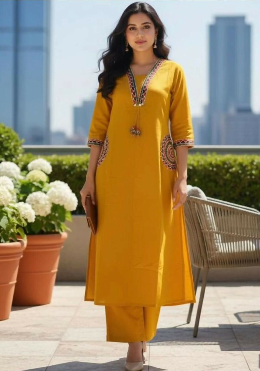 Miravan Womens Yellow Kurta And Palazzo Set