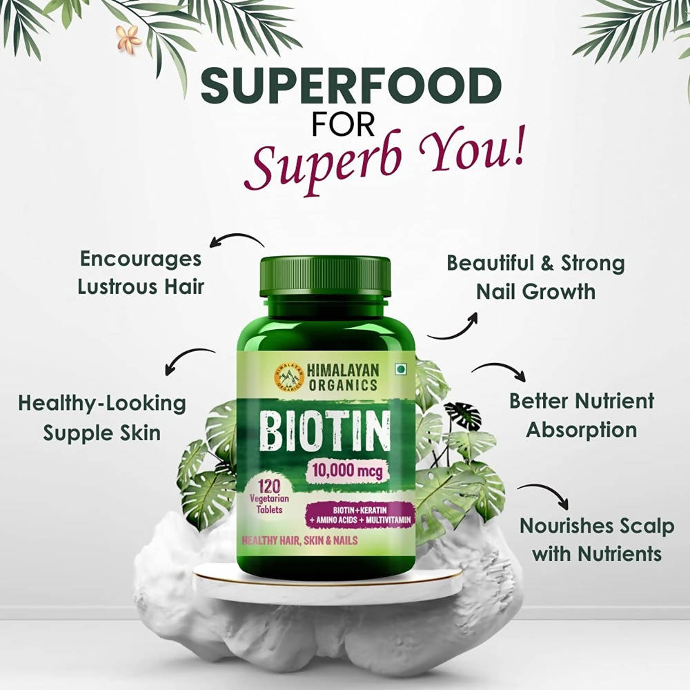 Himalayan Organics Biotin 10000 Mcg with Keratin, Amino Acids & Multivitamin Tablets 