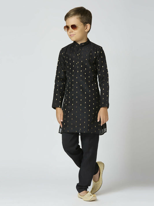 Joban Fashion Kids Island Full Sleeves Chanderi Kurta, Pyjama Set with Traditional Butta Work - Black