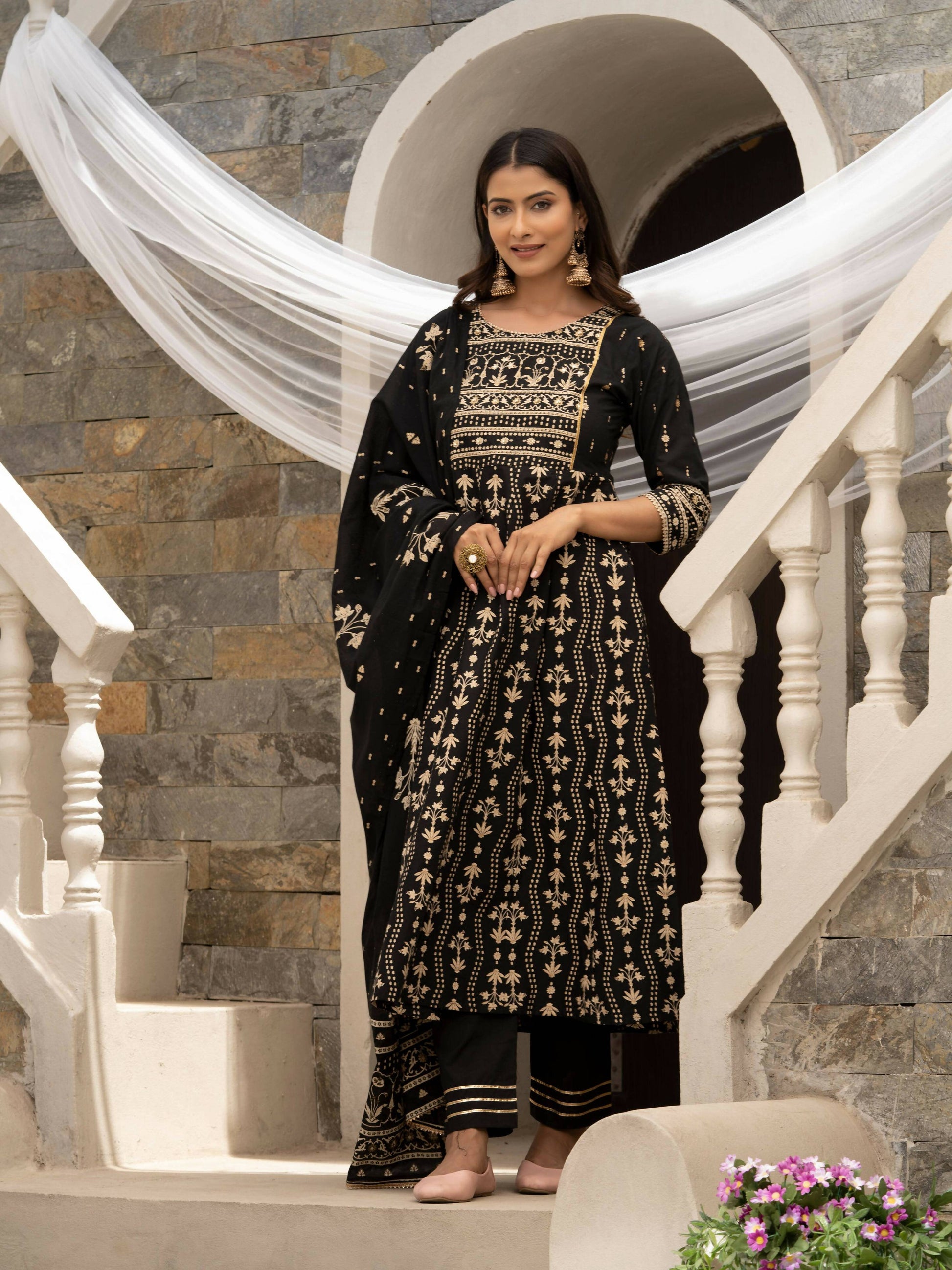 Black Cotton Cambric Printed with Sequins work Anarkali Kurta with Pant & Dupatta - Akashara