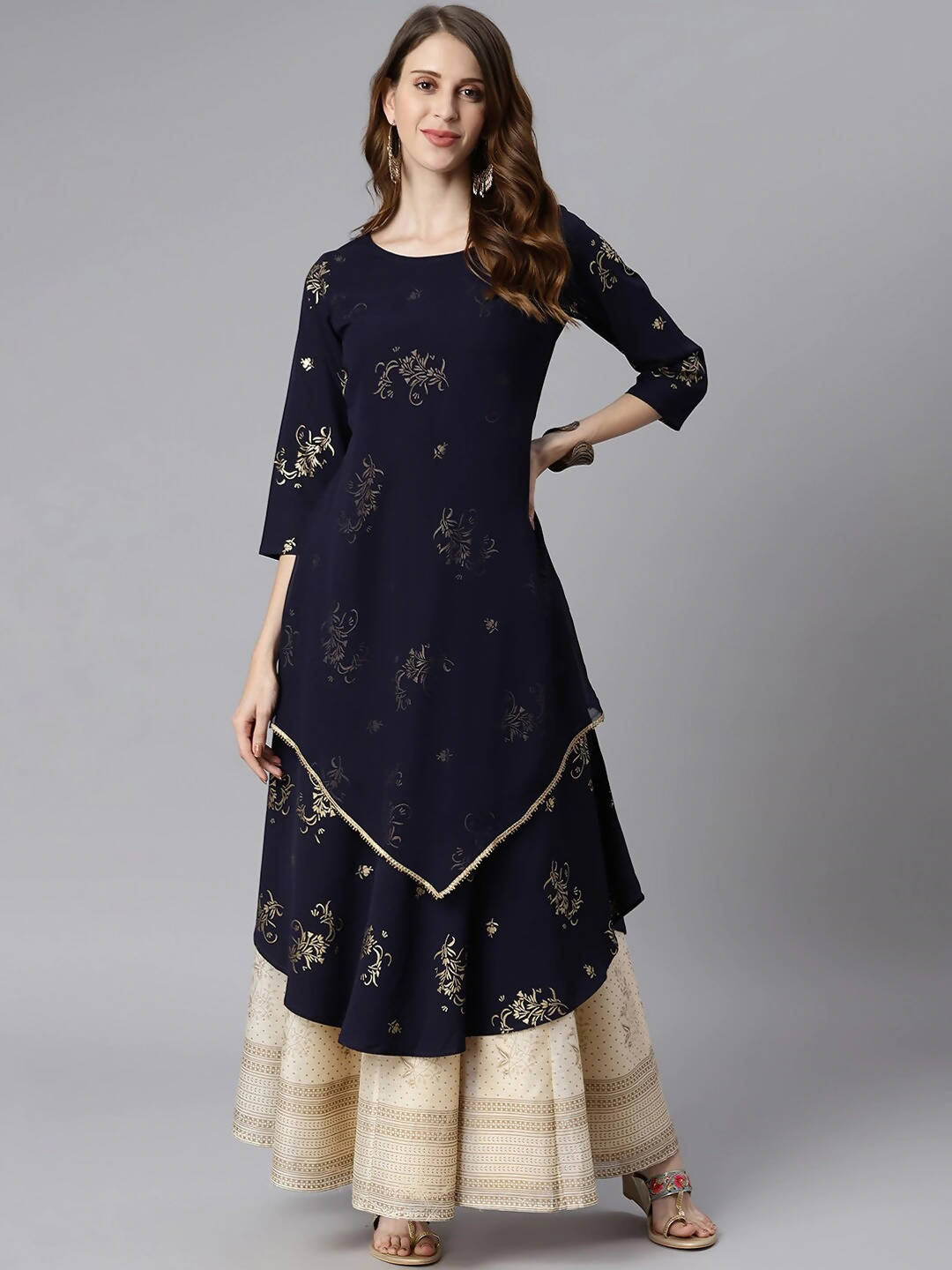 Janasya Women Navy Blue Quirky Embellished Crepe Anarkali Kurta