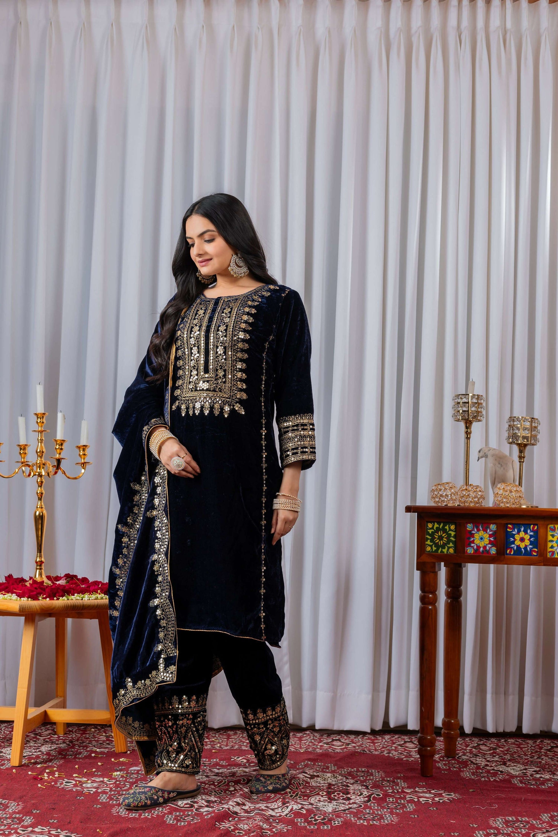Teeya Creation Blue Color Velvet Designer Embroidery Work party Wear Suit