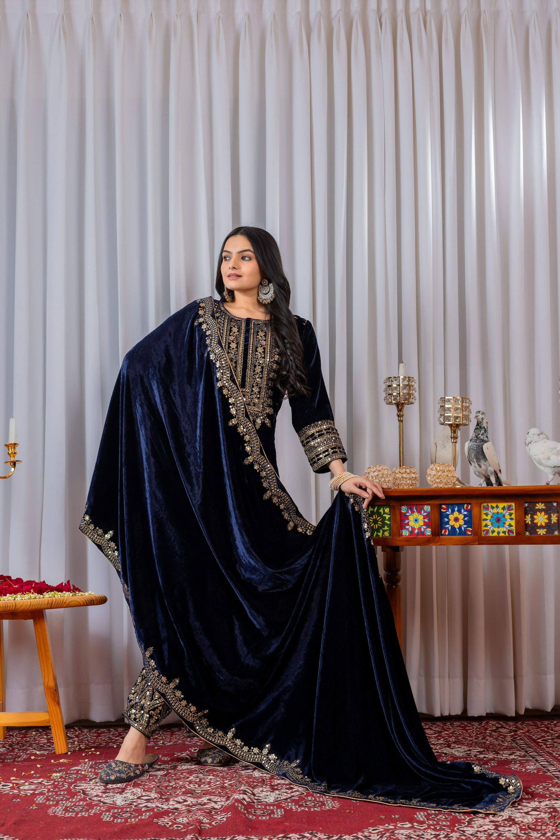 Teeya Creation Blue Color Velvet Designer Embroidery Work party Wear Suit
