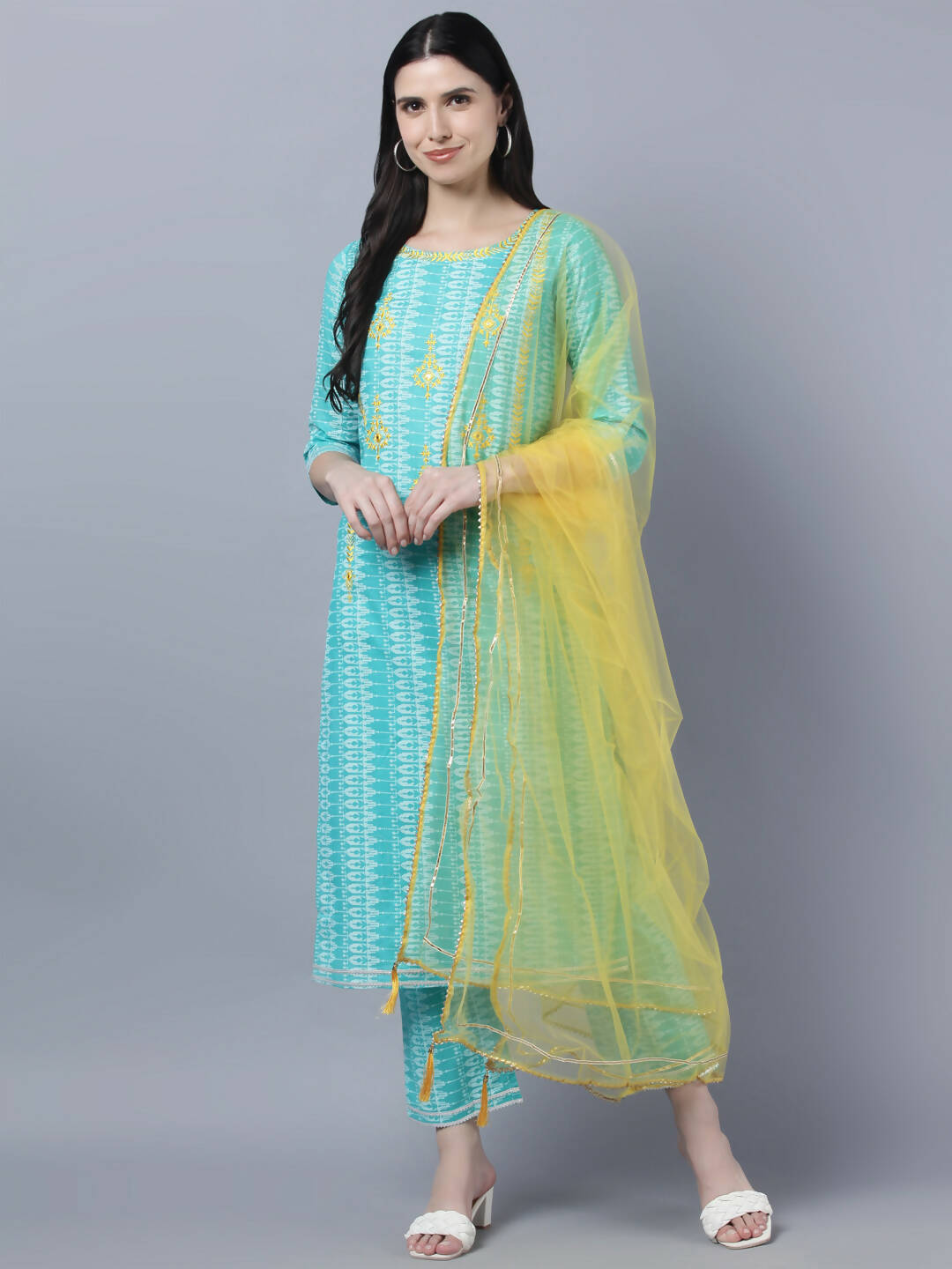 Myshka Women Turquoise Blue Layered Pure Cotton Kurti with Trousers With Dupatta Set