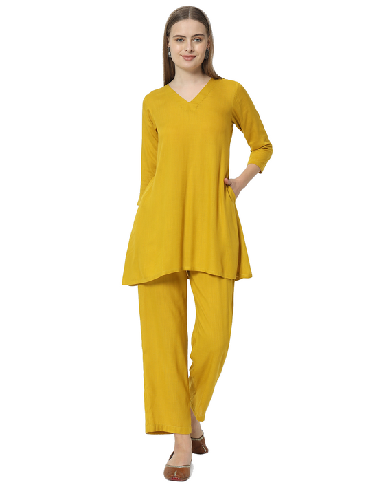 Fab Fashion Mustred Plain Pure Co-Ord Set 