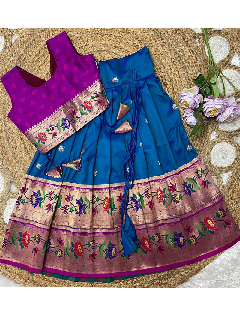 Evanik Blue Kids Paithani Silk Lotus Pattern Lehenga Choli