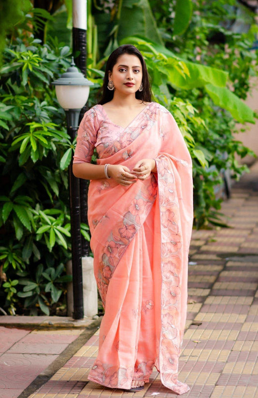 Pink Pure Linen Ethnic Motifs Saree with Unstitched Blouse - Hiral Fashion