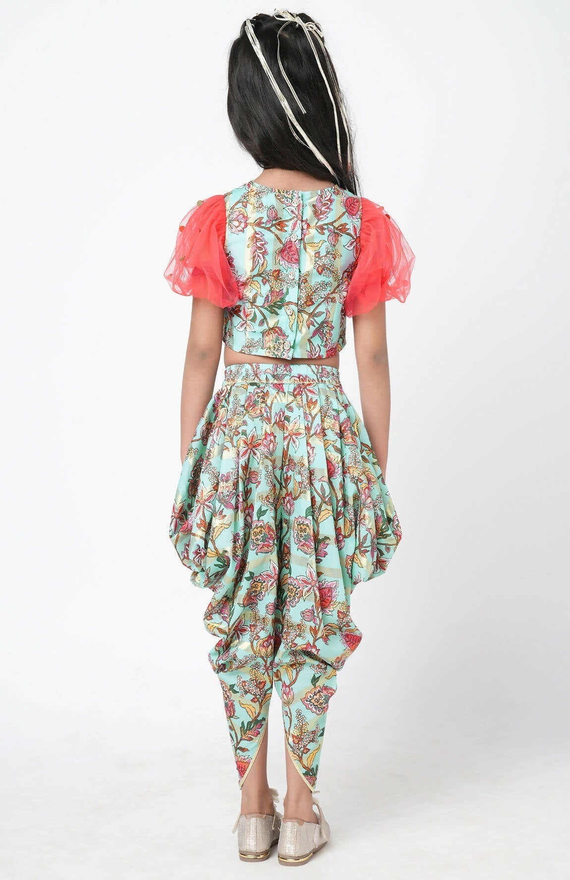 Lil Drama Golden Weaves Blue Crop Top With Dhoti Co-Ordinate Set 