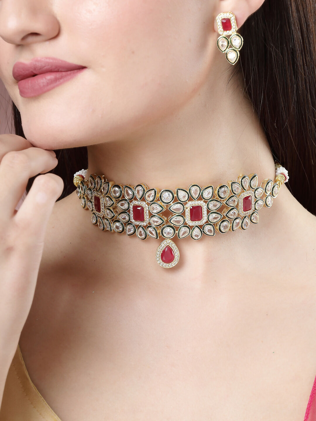 NVR Women's Red & Gold Kundan Studded Handcrafted Choker Jewellery Set - Grab2buy