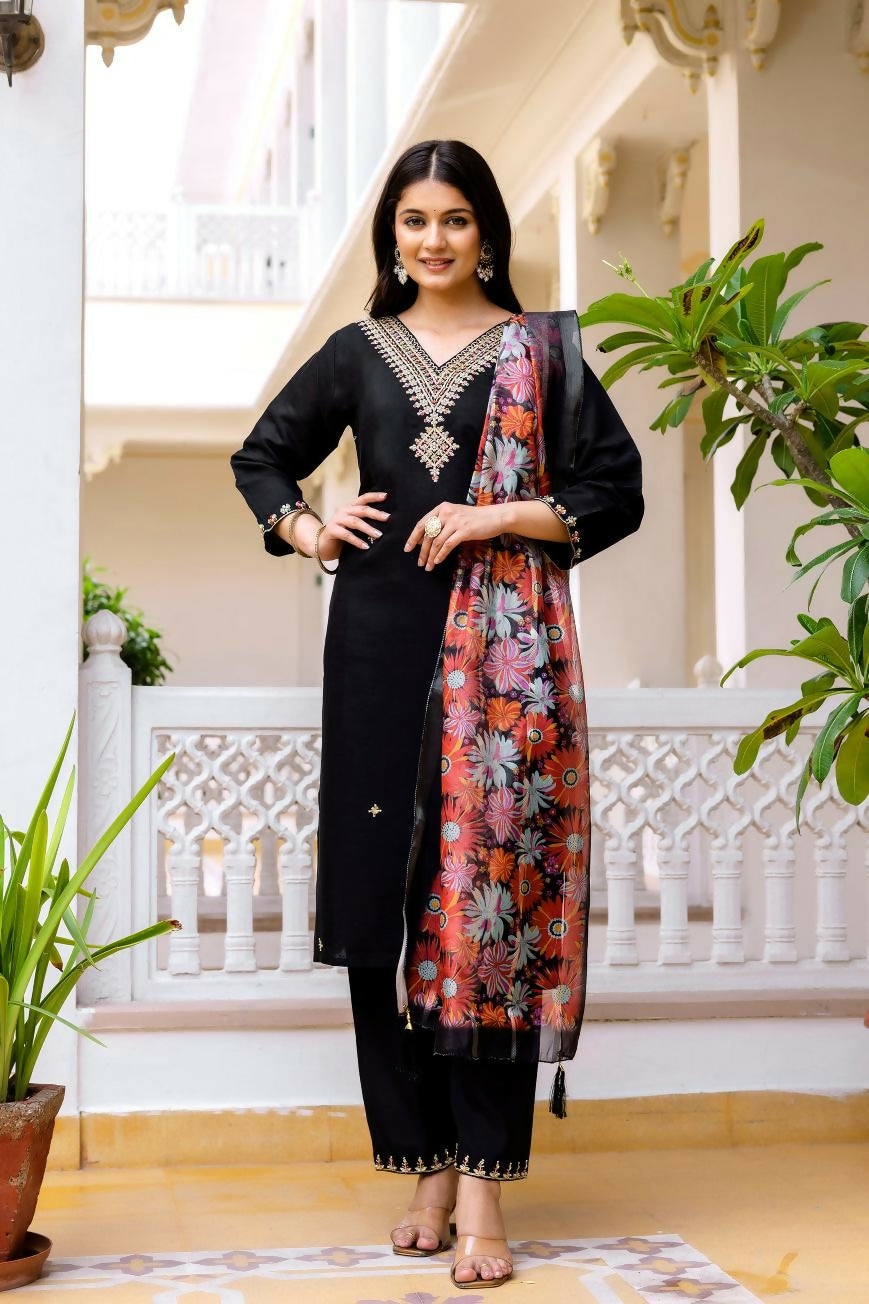 The52 Black Women's Beautiful Viscose Chanderi Fabric Embroidered Work Straight Kurta Pant and Dupatta Set | Grab2Buy