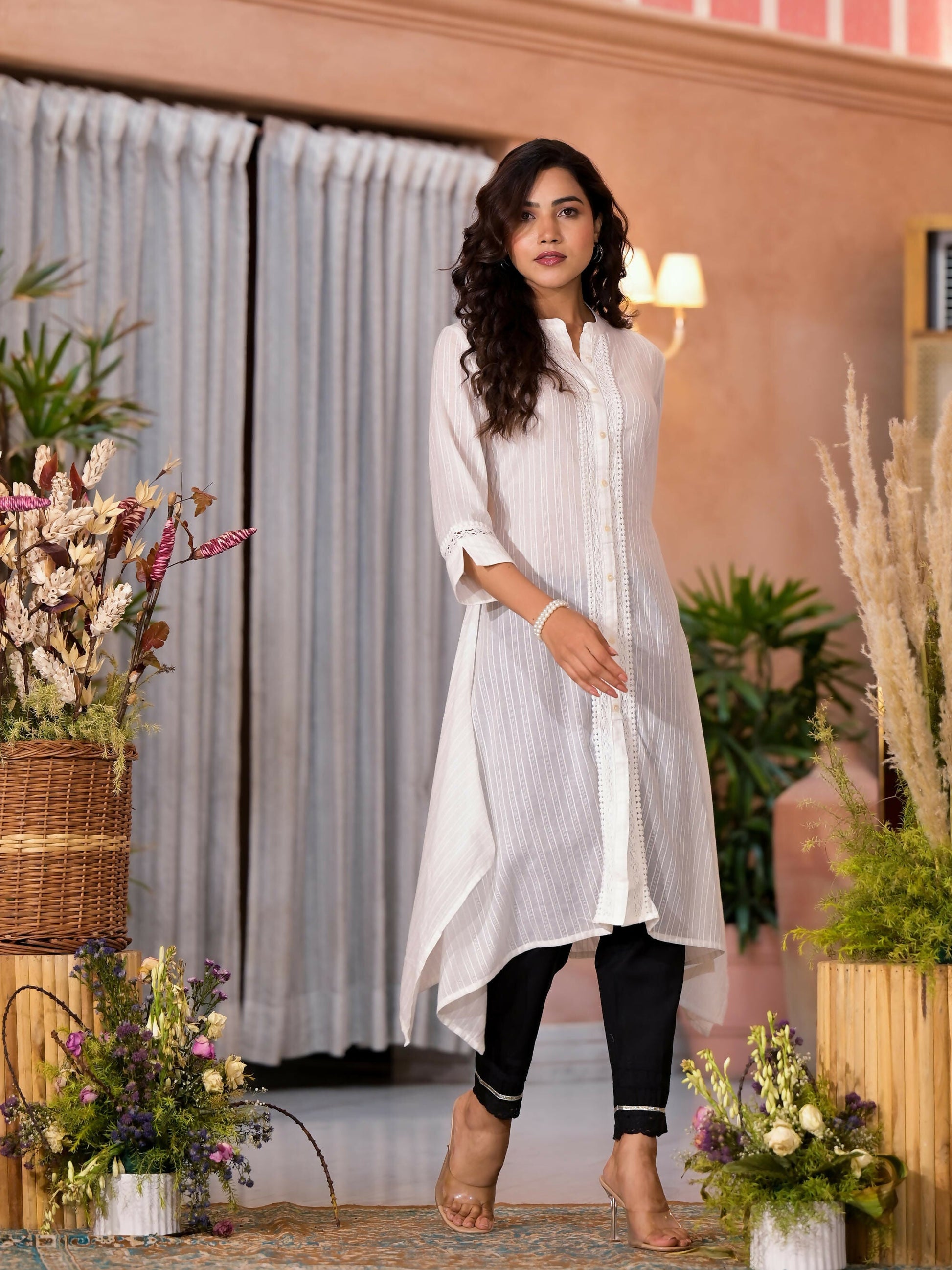Juniper Women's Off White Thread Embroidered Cotton Asymmetrical Kurta With Button Closure