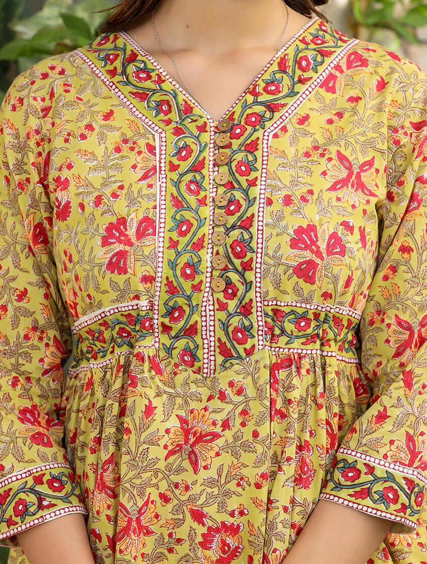 Kaajh Women's Mustard Printed Cotton Handblock Dress