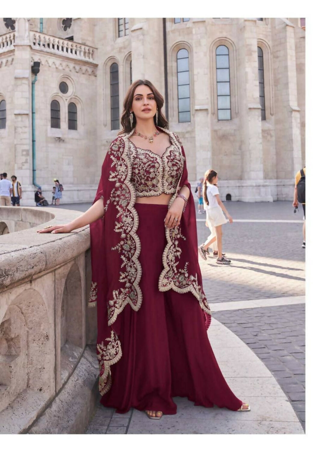 Anaita Red Real Premium Silk Stitched Shrug Suit with Embroidery Work