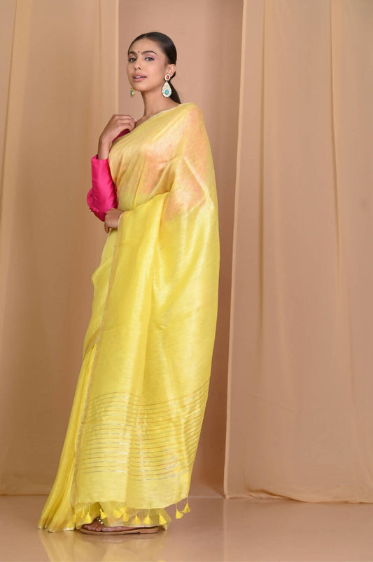 Very Much Indian Pure Linen Silk Saree With Sleek Border - Yellow - Grab2buy