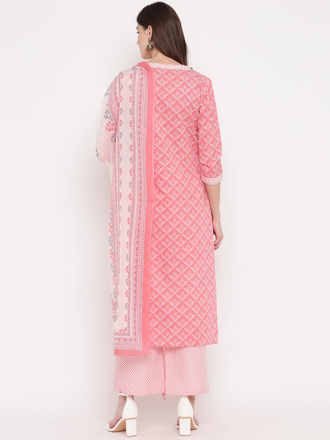 NOZ2TOZ Women Light Pink Cotton Kurta With Palazzo & Dupatta (3Pcs Set) 
