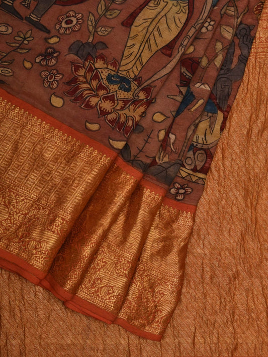 Rust Kalamkari Hand Painted Kanchipuram Silk Handloom Grab2Buy with Dashavatar Design - Global Threads 