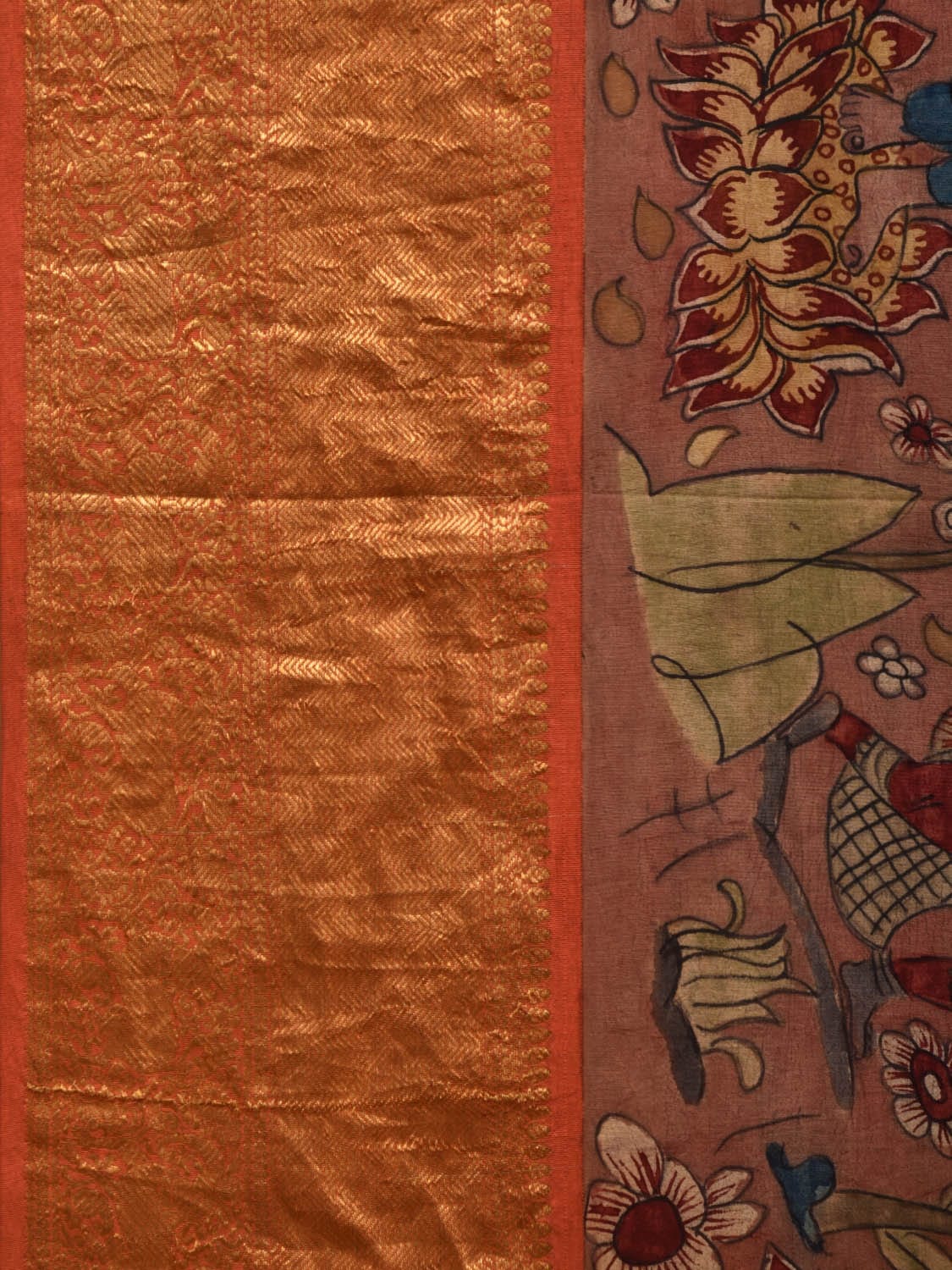 Rust Kalamkari Hand Painted Kanchipuram Silk Handloom Grab2Buy with Dashavatar Design - Global Threads 