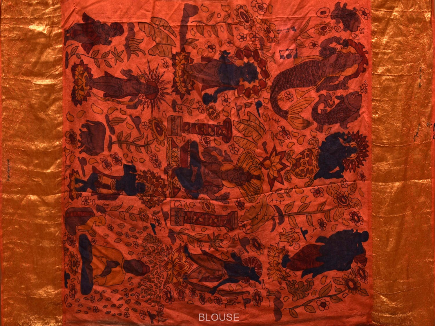 Rust Kalamkari Hand Painted Kanchipuram Silk Handloom Grab2Buy with Dashavatar Design - Global Threads 