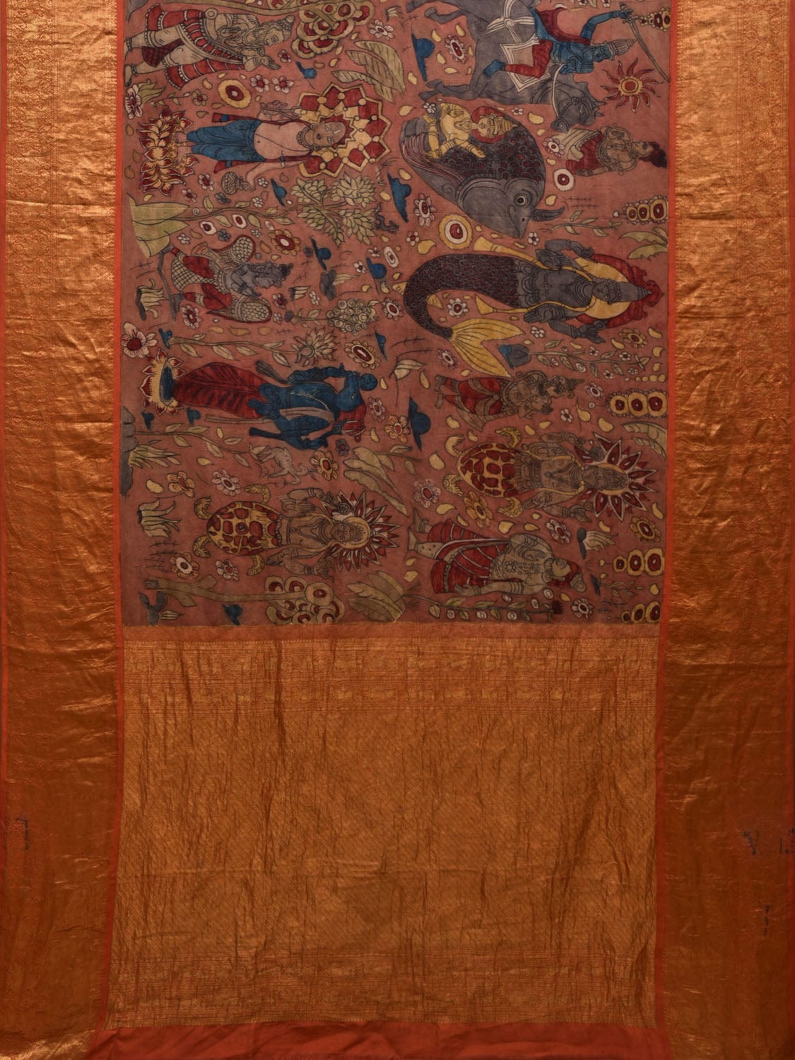 Rust Kalamkari Hand Painted Kanchipuram Silk Handloom Grab2Buy with Dashavatar Design - Global Threads 