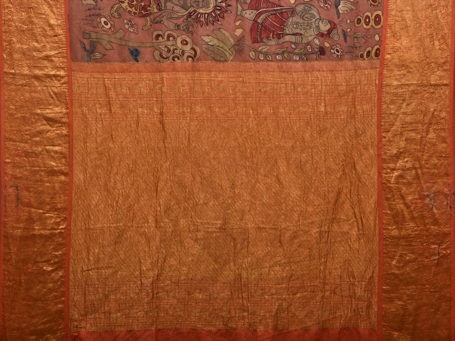 Rust Kalamkari Hand Painted Kanchipuram Silk Handloom Grab2Buy with Dashavatar Design - Global Threads 