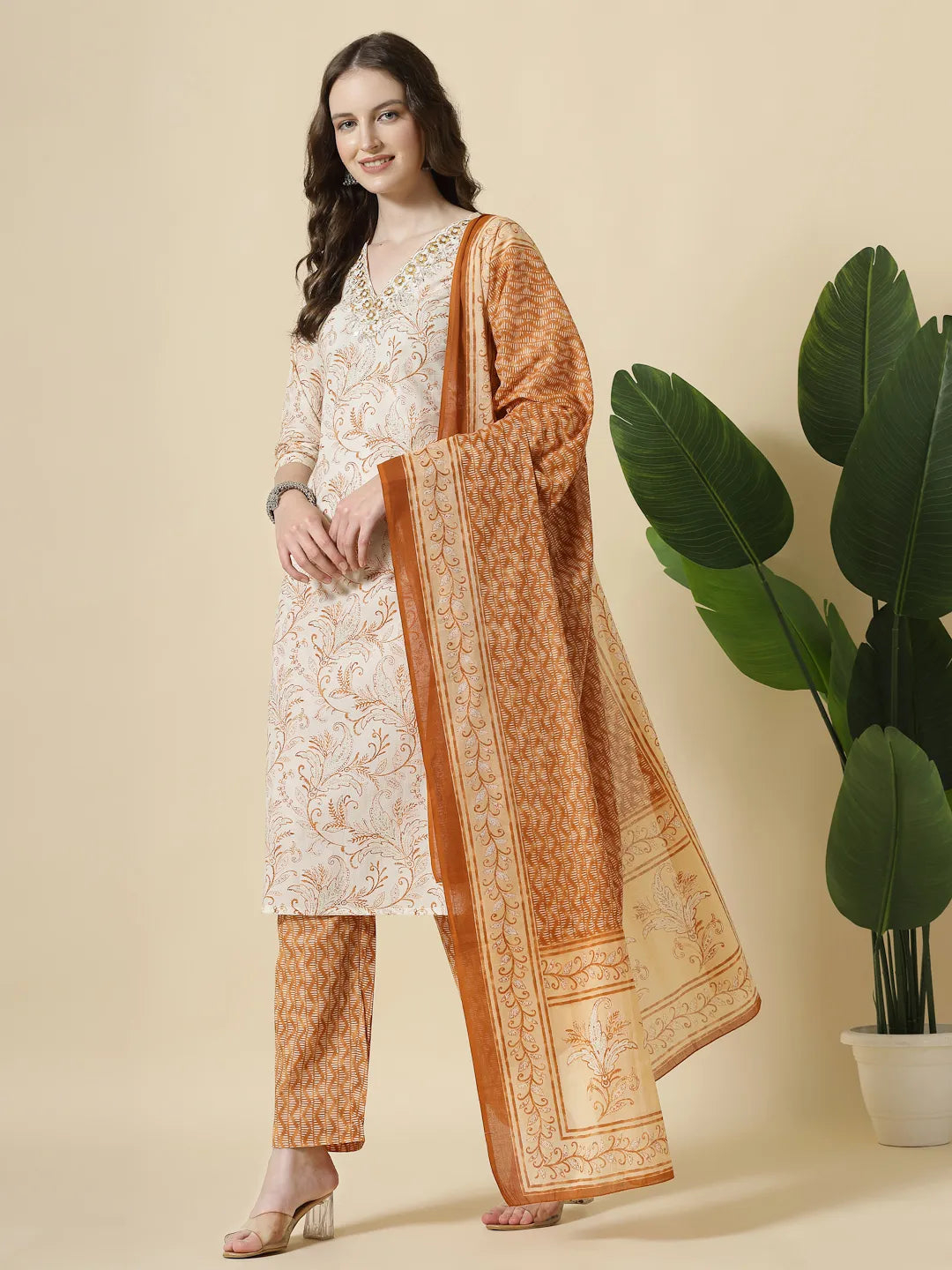 Yufta Rust Pure Cotton PaisleyThread Work Kurta Dupatta Pant Set
