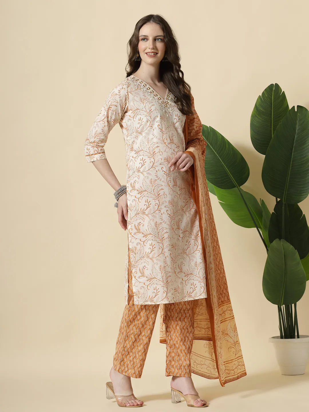 Yufta Rust Pure Cotton PaisleyThread Work Kurta Dupatta Pant Set