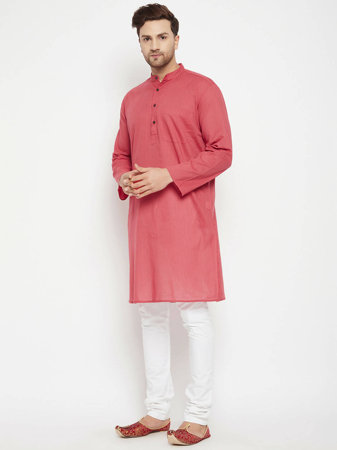 Even Apparels Rust Pure Cotton Long Men's Kurta With Band Collar 