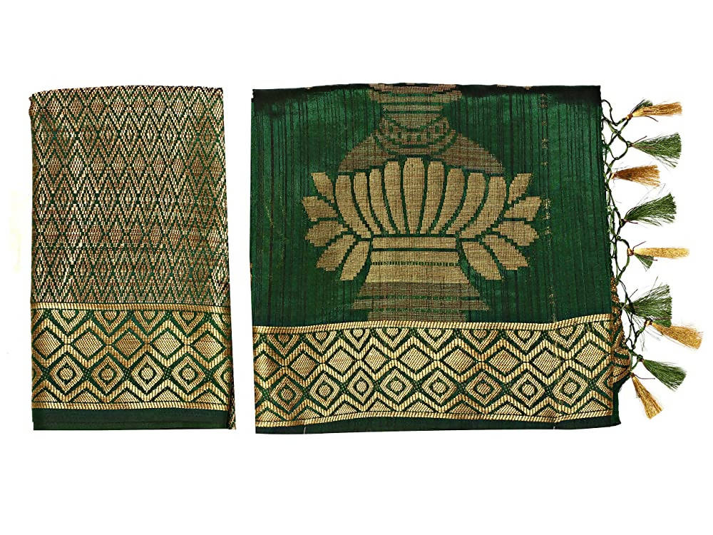 Mimosa Women's Green Kanchipuram Pure Silk Saree With Unstitched Blouse Piece