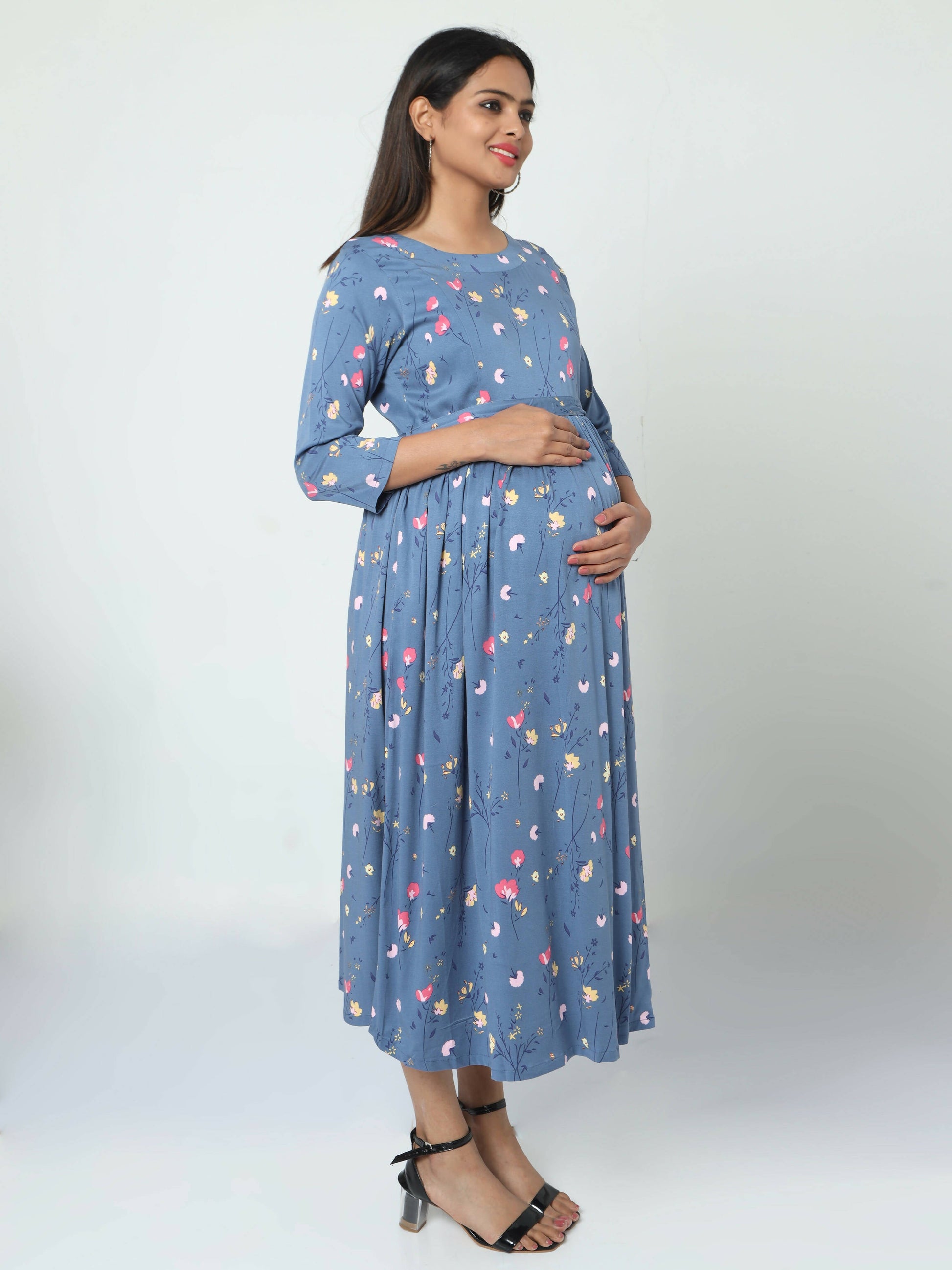 Manet Three Fourth Maternity Dress Floral Print With Concealed Zipper Nursing Access - Dark Grey