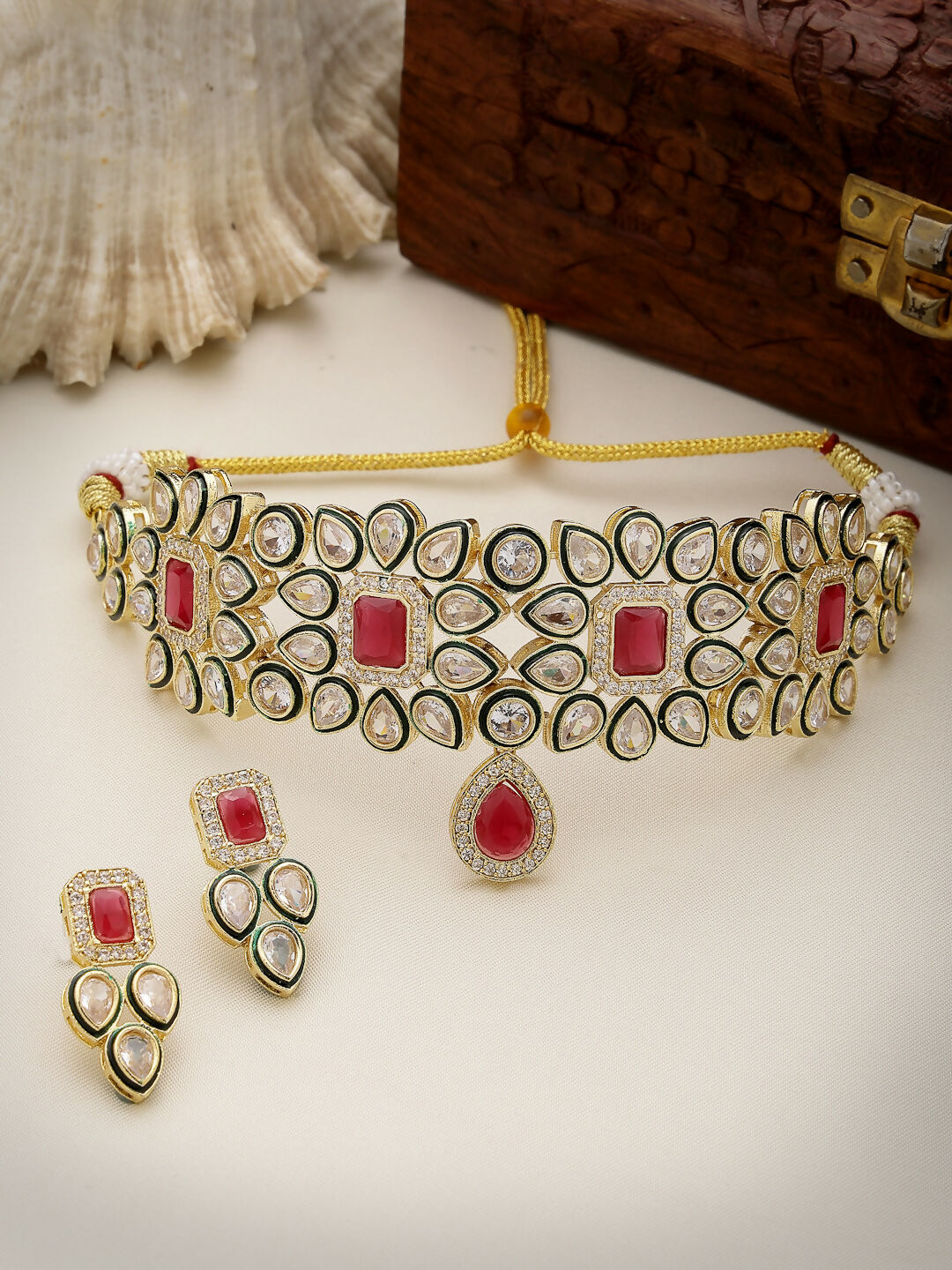 NVR Women's Red & Gold Kundan Studded Handcrafted Choker Jewellery Set - Grab2buy