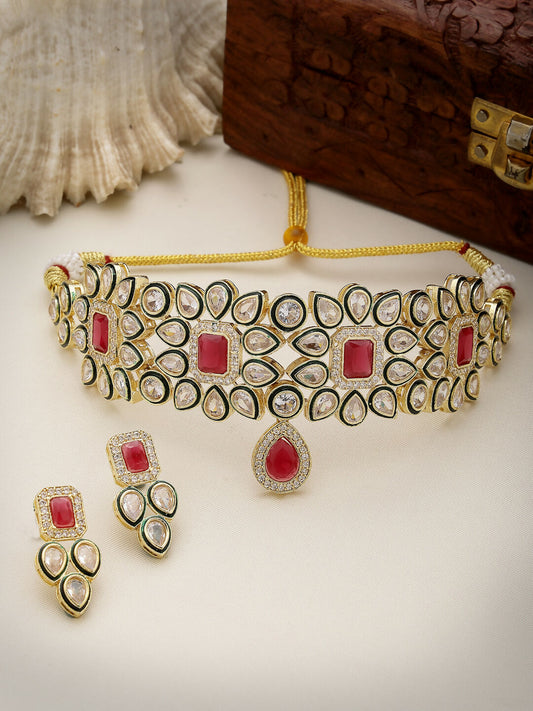 NVR Women's Red & Gold Kundan Studded Handcrafted Choker Jewellery Set - Grab2buy