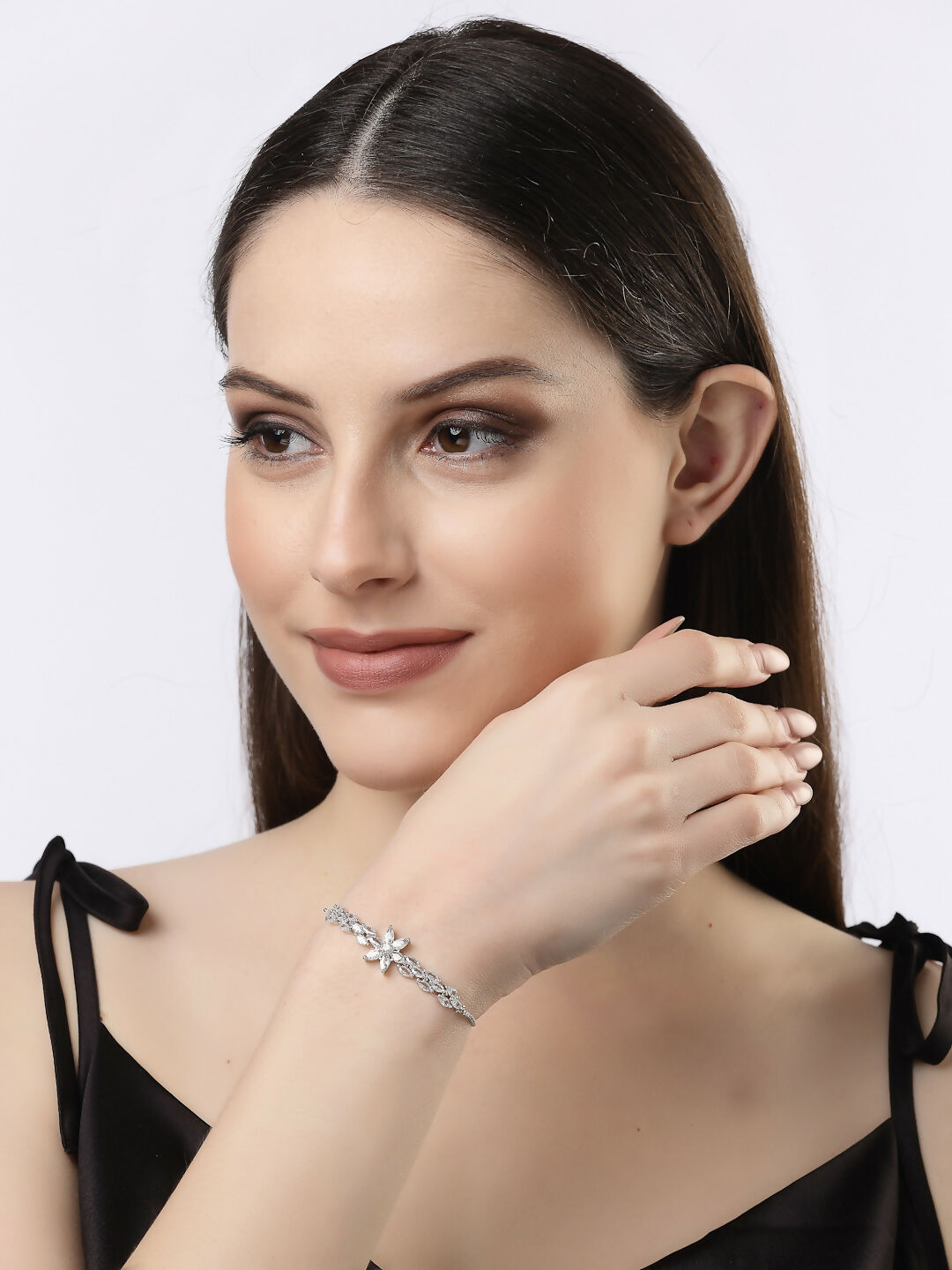 NVR Women Silver-Plated Handcrafted American Diamond Link Bracelet | Grab2Buy