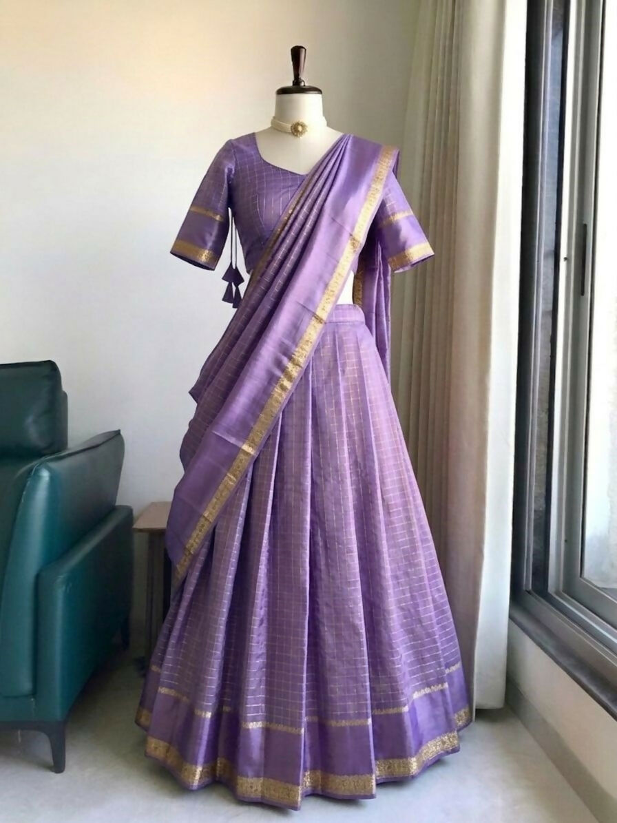 Teeya Creation New South Indian Silk Checked Half Saree Lehenga Choli with Zari Border-Lavender