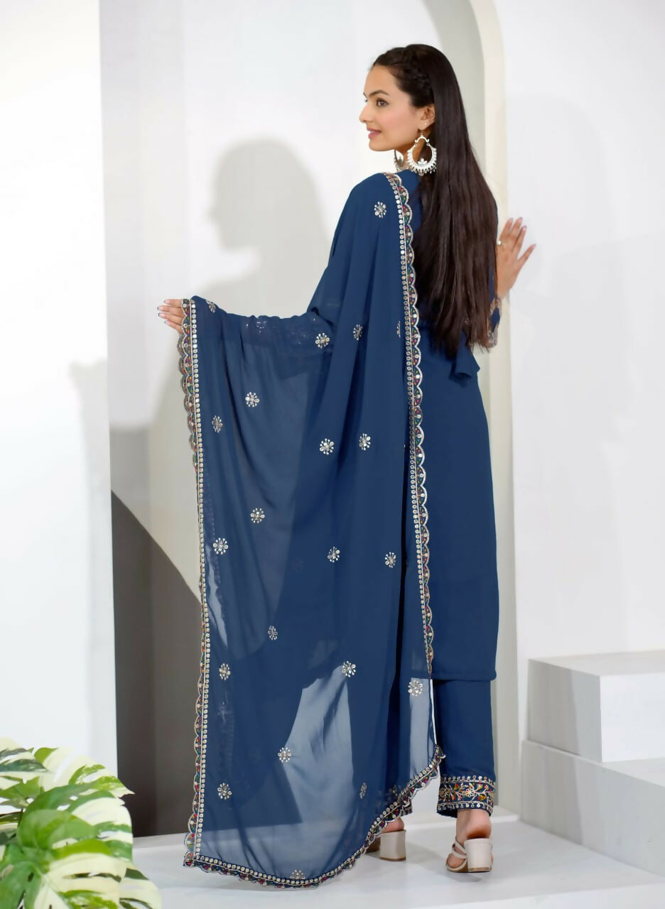 Joban Fashion Blue Georgette Embroidered Kurti Set