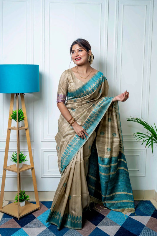 Aastha Fashion Teal Thread Woven Handloom Tussar Silk Saree with Blouse - Grab2buy