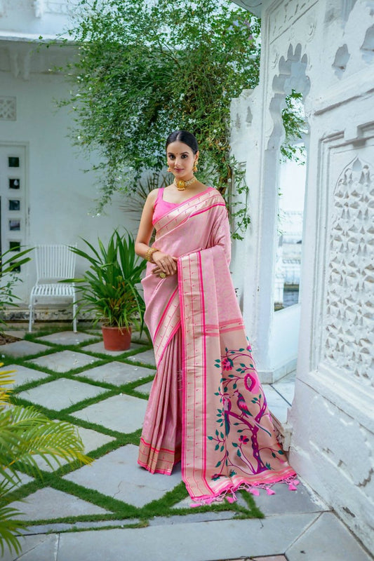 Aastha Fashion Baby Pink Woven Kanjivaram Silk Saree with Blouse - Grab2buy