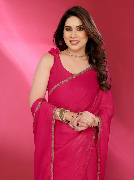 PR Fashion Pink Jimmy Choo Fabric Palin With Work Lace Saree