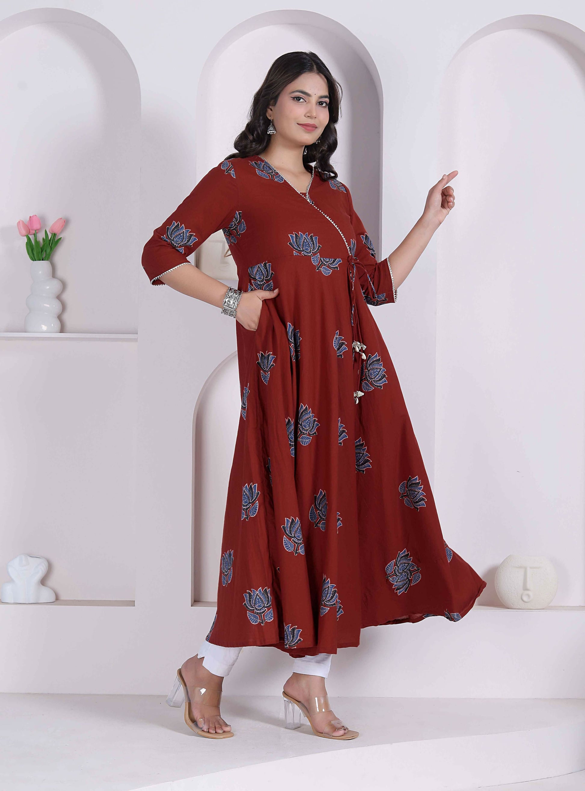 Miravan Womens Rust Floral Printed Pure Cotton Gota Patti Angrakha Kurta