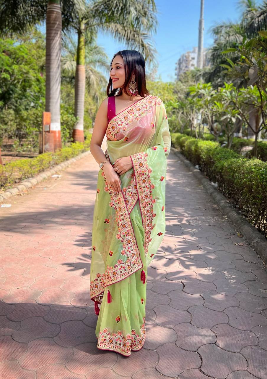 Teeya Creation Parrot Color Twill Net Designer Embroidery Work Saree