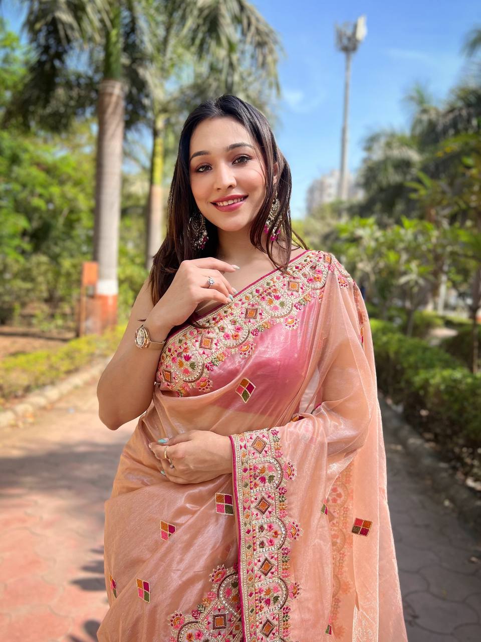 Teeya Creation Peach Color Twill Net Designer Embroidery Work Saree