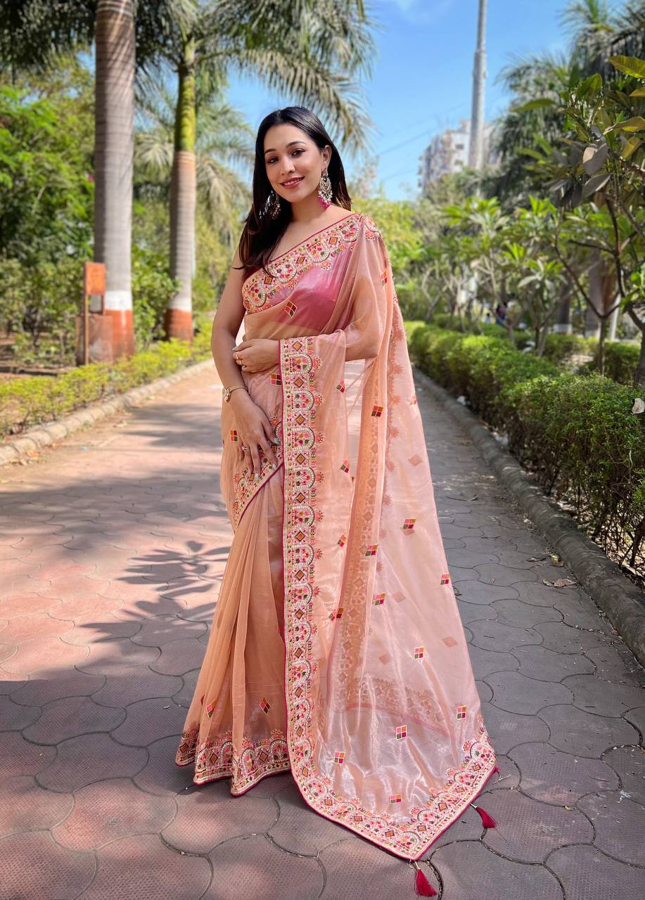 Teeya Creation Peach Color Twill Net Designer Embroidery Work Saree