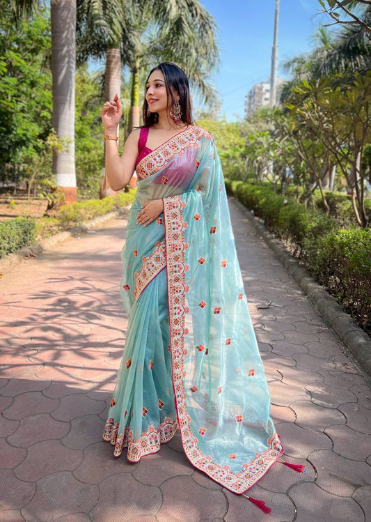 Teeya Creation Sky Color Twill Net Designer Embroidery Work Saree