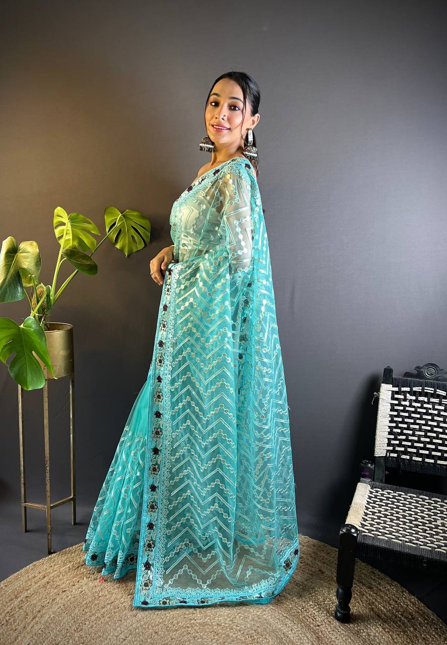 Teeya Creation Sky Color Butterfly Net Embroidery Work Saree