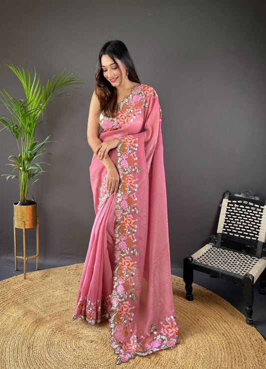 Teeya Creation Gajari Color Soft Glossy Silk Heavy Embroidery Work Saree