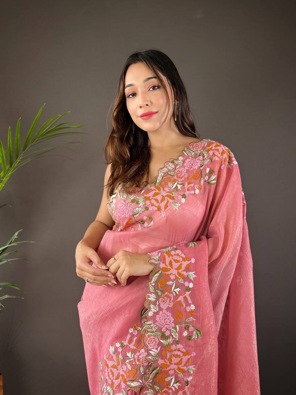 Teeya Creation Gajari Color Soft Glossy Silk Heavy Embroidery Work Saree