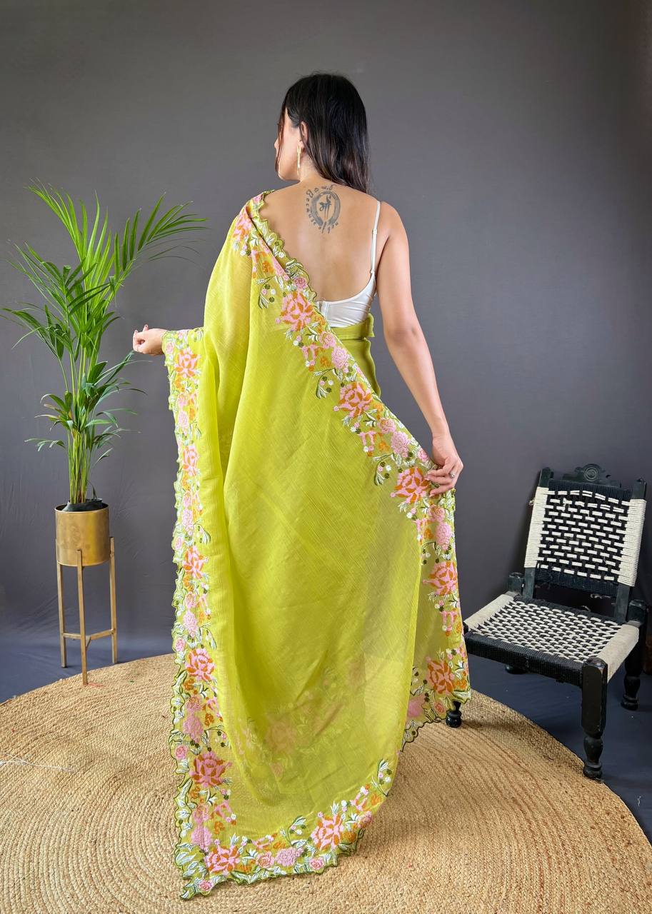 Teeya Creation Olive Color Soft Glossy Silk Heavy Embroidery Work Saree