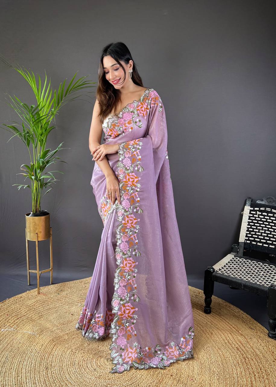 Teeya Creation Onion Color Soft Glossy Silk Heavy Embroidery Work Saree