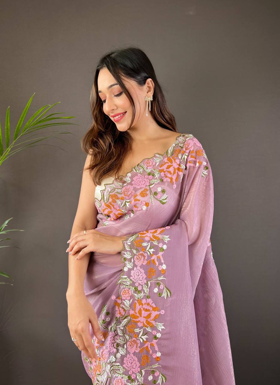 Teeya Creation Onion Color Soft Glossy Silk Heavy Embroidery Work Saree