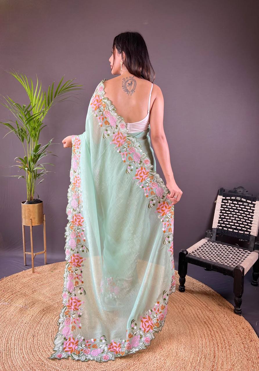 Teeya Creation Pista Color Soft Glossy Silk Heavy Embroidery Work Saree